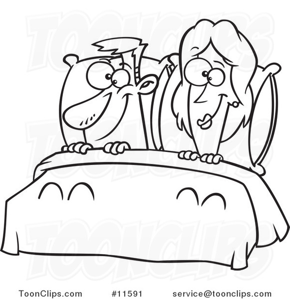 Cartoon Outlined Happy Couple in Bed #11591 by Ron Leishman