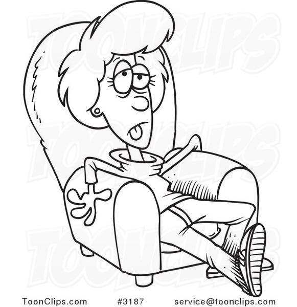 Cartoon Black and White Line Drawing of an Exhausted Lady Sitting in an Arm Chair