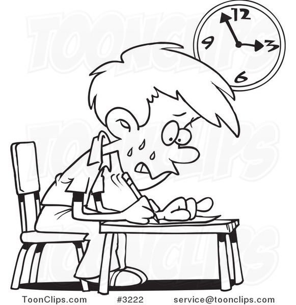 Cartoon Black and White Line Drawing of a Stressed School Boy Taking an