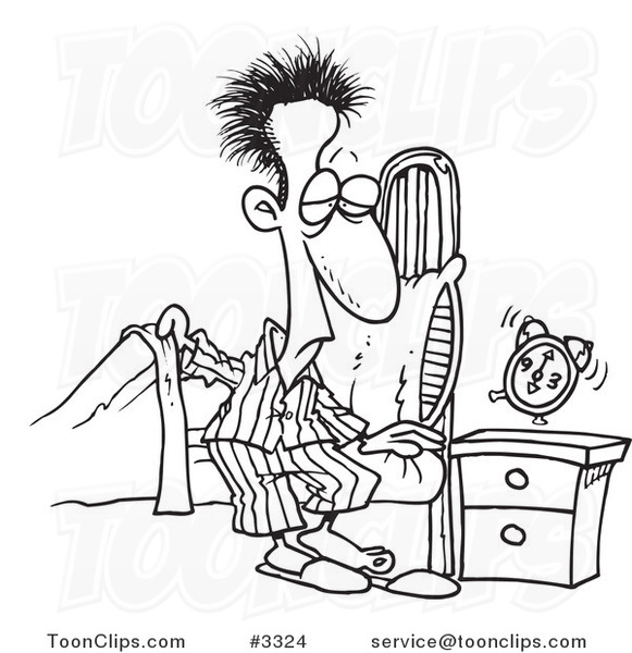 Cartoon Black and White Line Drawing of a Guy Getting out of Bed in ...