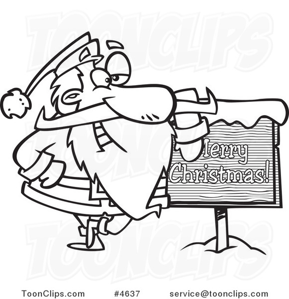 merry christmas logo black and white. Cartoon Black and White Line Drawing of Santa Leaning Against a Merry 