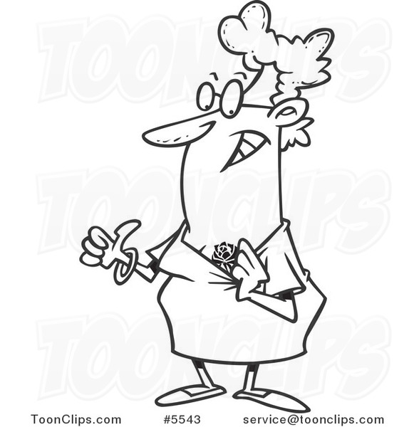 Cartoon Black and White Line Drawing of a Granny Showing Her Rose Tattoo