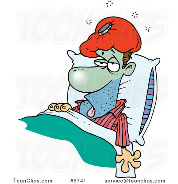 Cartoon Sick Guy in Bed with an Ice Pack #5741 by Ron Leishman
