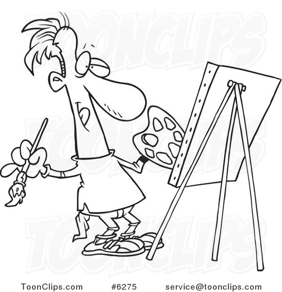 Cartoon Black and White Line Drawing of a Artist Painting His