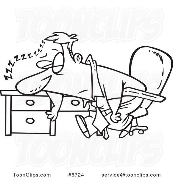 Cartoon Black and White Line Drawing of a Tired Business Man Sleeping ...
