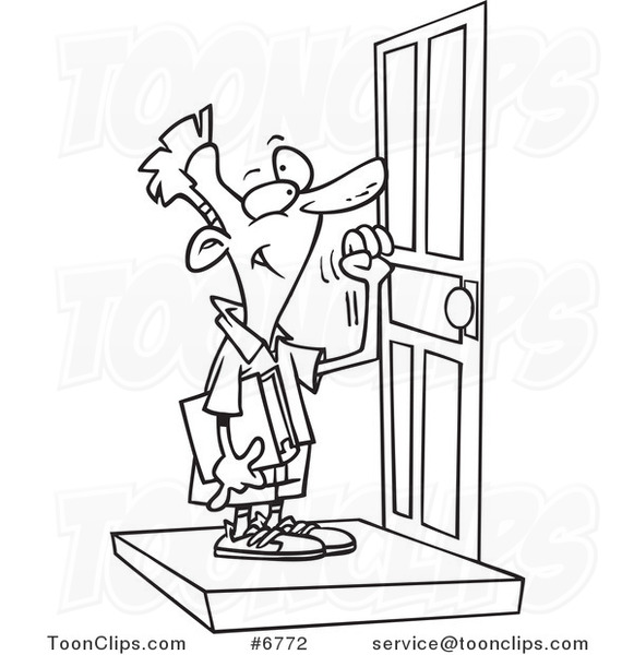Cartoon Black and White Line Drawing of a Boy Knocking on a Door 6772