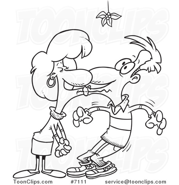 Cartoon Black and White Line Drawing of a Couple Smooching Under