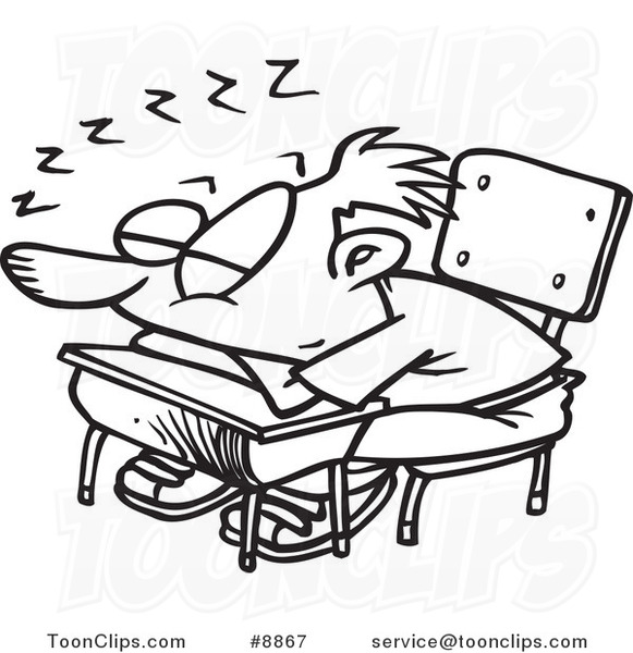 Cartoon Black and White Line Drawing of a School Boy Sleeping on His ...