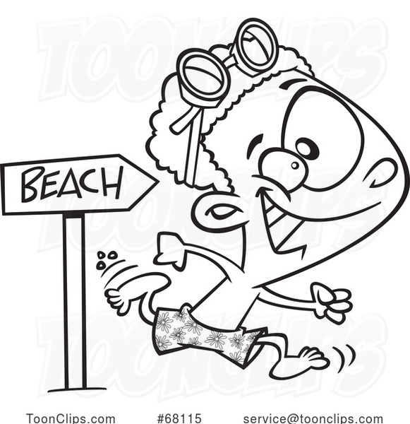Black and White Cartoon Boy Running to the Beach