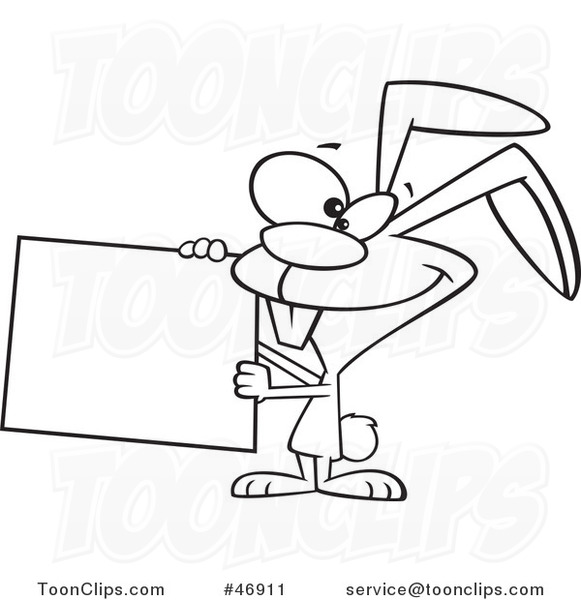 Black and White Cartoon Easter Bunny Rabbit Holding a Blank Sign