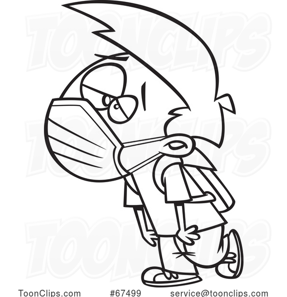 Black and White Cartoon Exhausted Boy Wearing a Mask