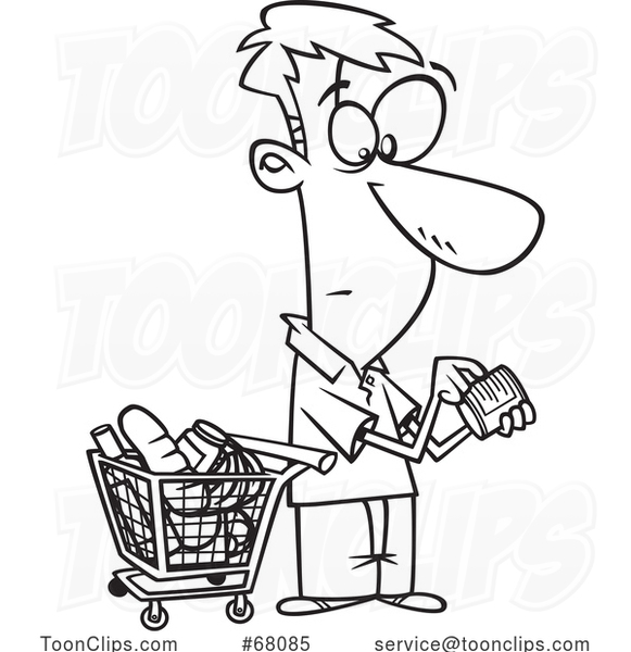 Black and White Cartoon Guy Grocery Shopping and Reading Nutrition Labels