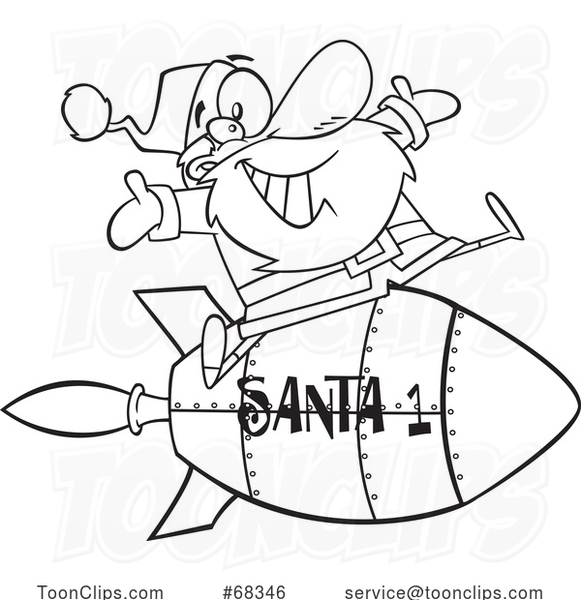 Black and White Cartoon Santa Riding a Rocket