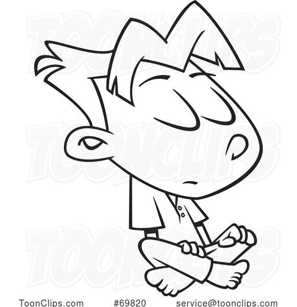 Black and White Outline Cartoon Boy Sitting Calmly