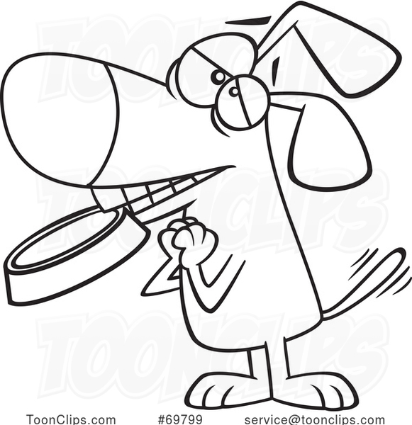 Black and White Outline Cartoon Dog Beggar with a Bowl in His Mouth