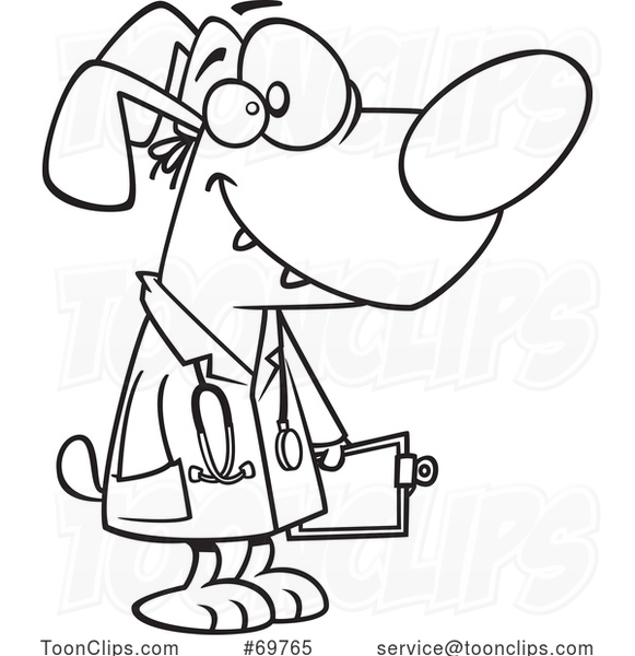Black and White Outline Cartoon Dog Doctor