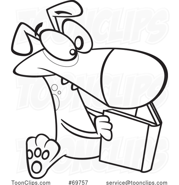 Black and White Outline Cartoon Dog Reading a Book