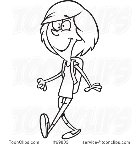 Black and White Outline Cartoon Girl Walking to School