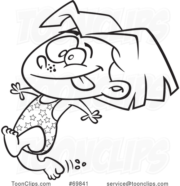 Black and White Outline Cartoon Summer Girl Running to Go Swimming