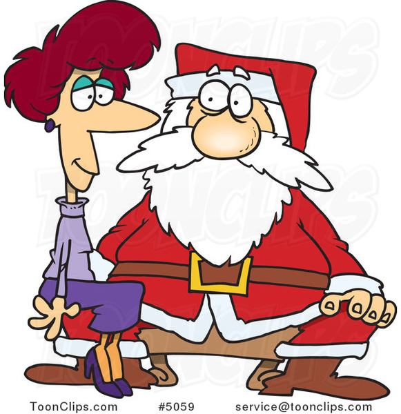Cartoon Adult Lady Sitting on Santas Lap