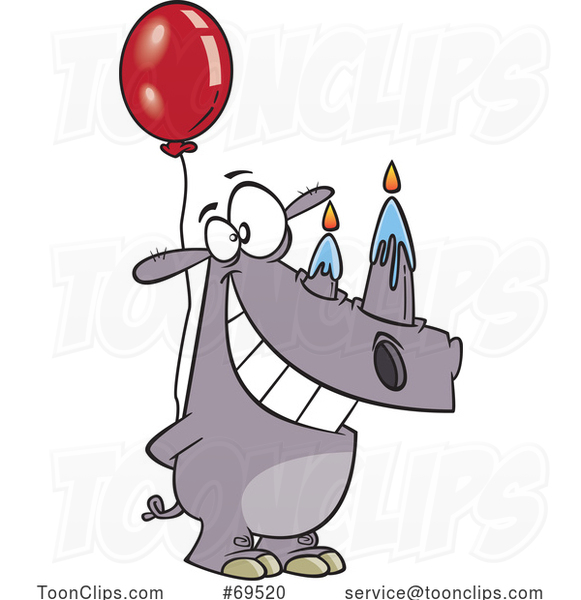 Cartoon Birthday Rhinoceros with Candle Horns and a Balloon