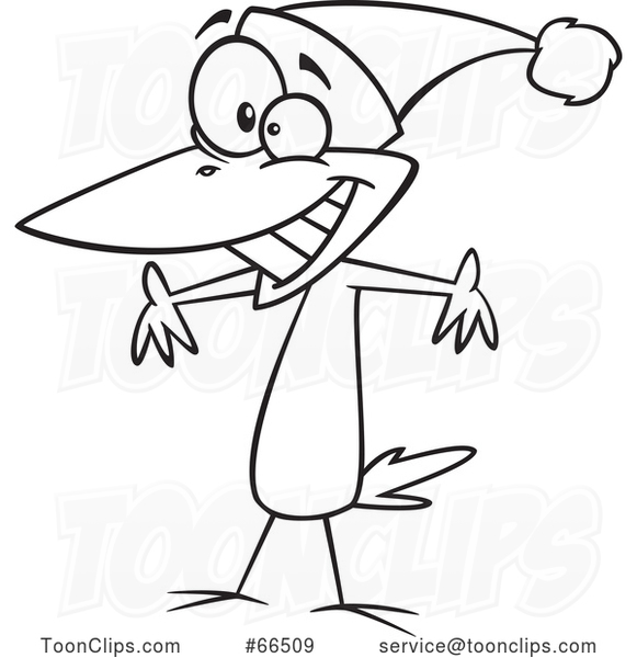 Cartoon Black and White Christmas Bird Wearing a Santa Hat