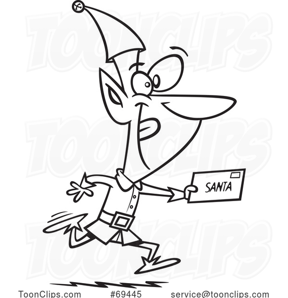 Cartoon Black and White Christmas Elf Running a Letter to Santa