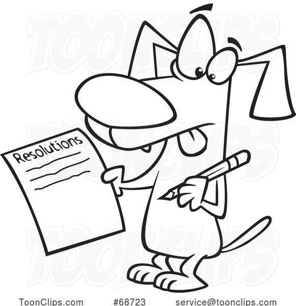 Cartoon Black and White Dog Writing a List of New Years Resolutions
