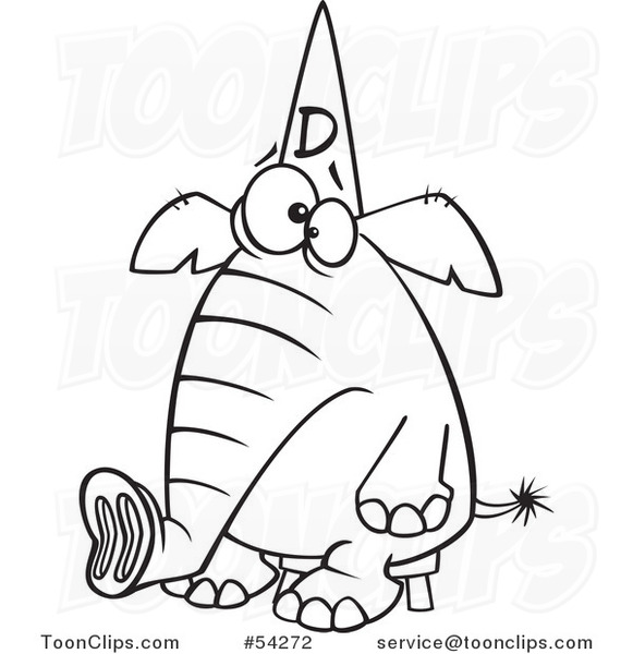 Cartoon Black and White Dumb Elephant Sitting on a Stool and Wearing a Dunce Hat