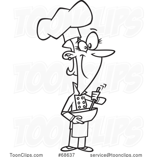 Cartoon Black and White Female Chef Mixing Ingredients