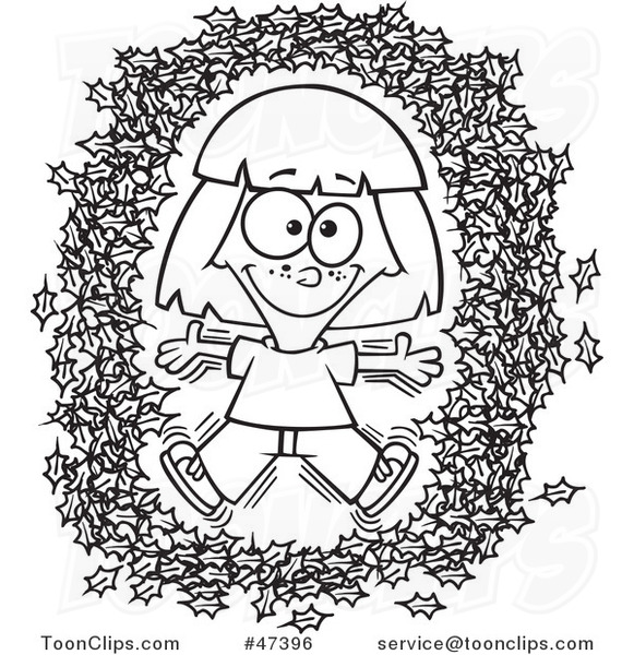 Cartoon Black and White Girl Making an Angel in Autumn Leaves