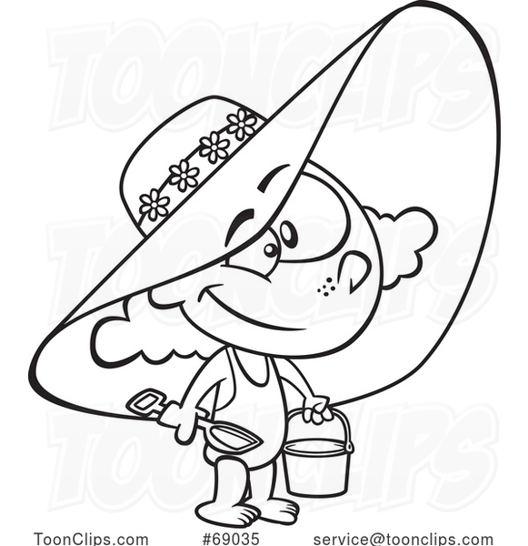 Cartoon Black and White Girl Wearing a Beach Hat and Swimsuit and Carrying a Beach Bucket