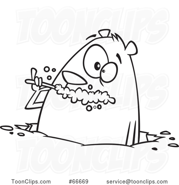 Cartoon Black and White Groundhog Brushing His Teeth