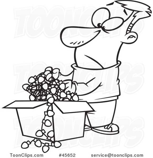 Cartoon Black and White Guy Holding a Tangled Mess of Christmas Lights