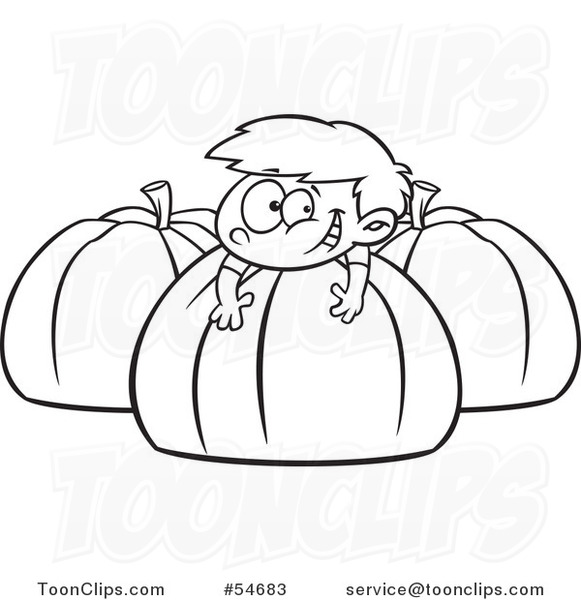 Cartoon Black and White Happy Boy Resting on a Large Pumpkin