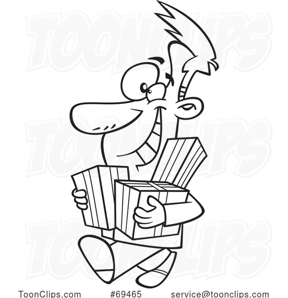 Cartoon Black and White Jolly Guy Carrying Christmas Gifts