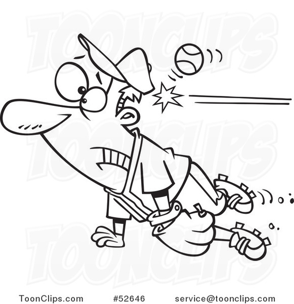 Cartoon Black and White Line Art of a Distracted Baseball Player Getting Whacked in the Head