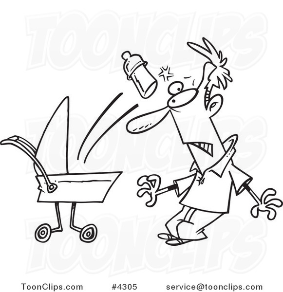 Cartoon Black and White Line Drawing of a Baby Throwing a Bottle at Its Father