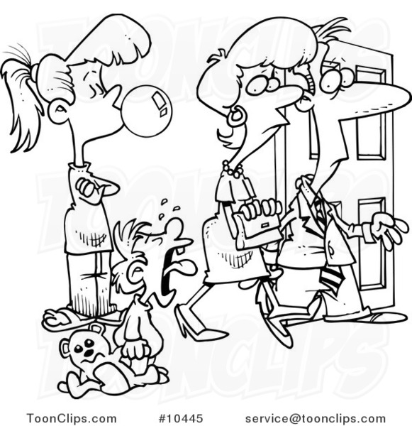 Cartoon Black and White Line Drawing of a Babysitter Watching Parents Leave