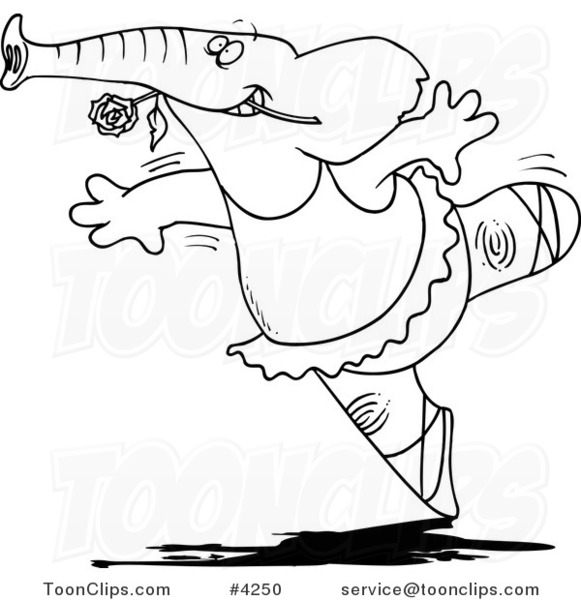 Cartoon Black and White Line Drawing of a Ballet Elephant Dancing
