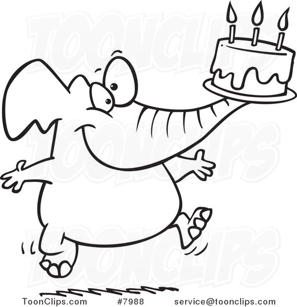 Cartoon Black and White Line Drawing of a Birthday Elephant Carrying a Cake
