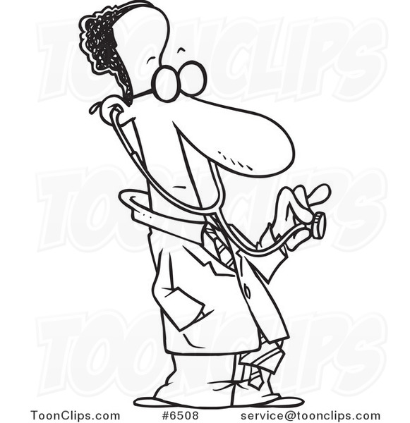 Cartoon Black and White Line Drawing of a Black Doctor Holding out a Stethoscope