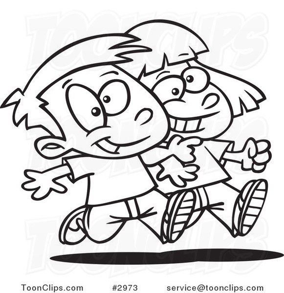 Cartoon Black and White Line Drawing of a Boy and Girl Walking Arm in Arm