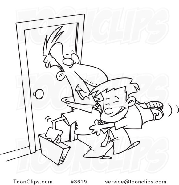Cartoon Black and White Line Drawing of a Boy Jumping on His Dad when He Arrives Home