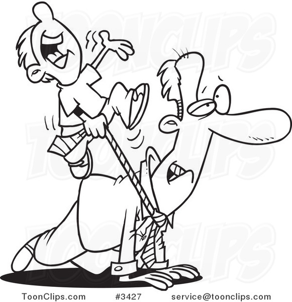 Cartoon Black and White Line Drawing of a Boy Riding on His Dad's Back