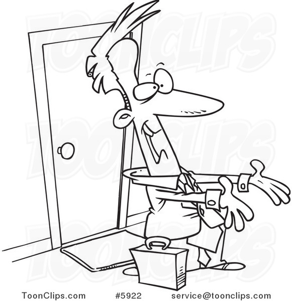 Cartoon Black and White Line Drawing of a Business Man Awaiting Hugs when Arriving Home