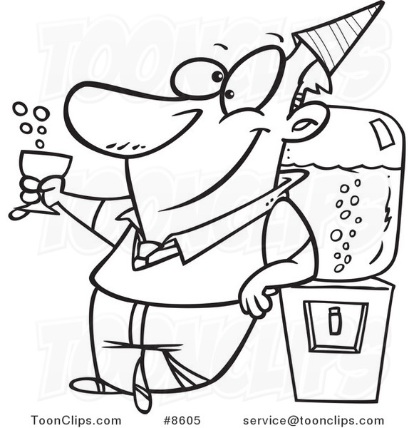 Cartoon Black and White Line Drawing of a Business Man Cheering by the Cooler