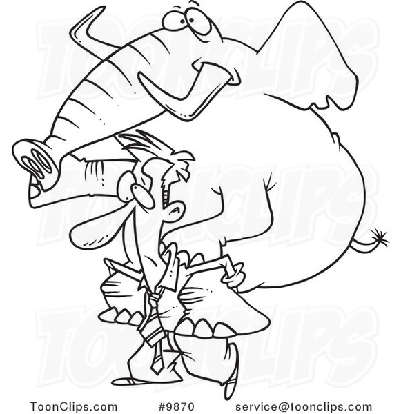 Cartoon Black and White Line Drawing of a Business Man Giving an Elephant a Piggy Back Ride