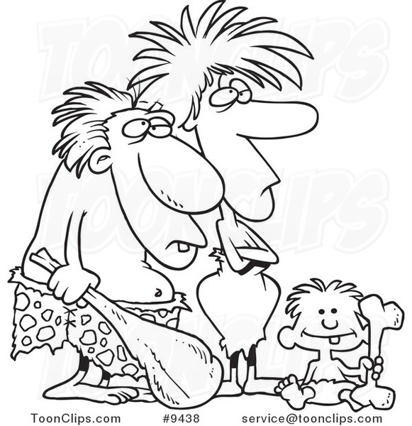 Cartoon Black and White Line Drawing of a Caveman Dad, Mom and Son