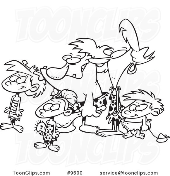 Cartoon Black and White Line Drawing of a Caveman Family